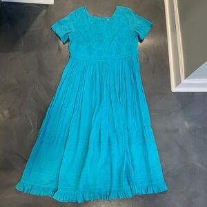 Victoria Holley VTG Turquoise Embroidered Midi Dress Blue Sz 12 Cottage Prairie